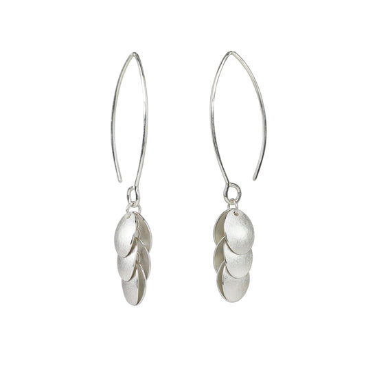 cascading silver petals on long silver earrings, handmade by Gabriella Casemore